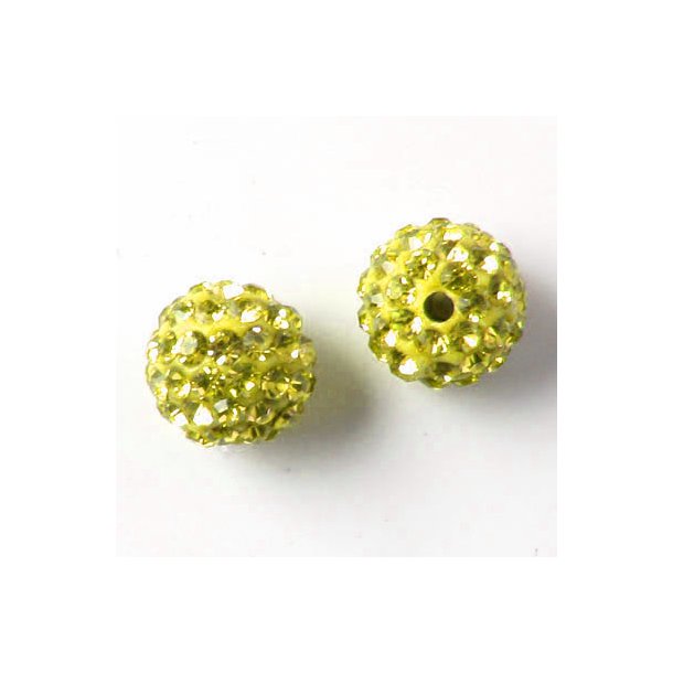 Gennemboret kugle, 10 mm, med gule krystaller, 2 stk.