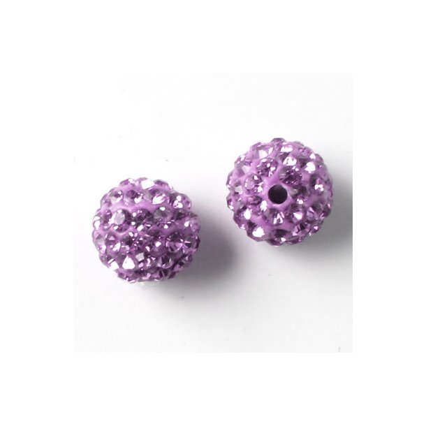 Gennemboret kugle, 10 mm, med lilla krystaller, 2 stk.