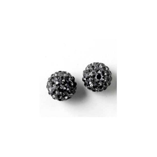Gennemboret fimo-kugle, 10 mm, med mrkegr krystaller, 2 stk.