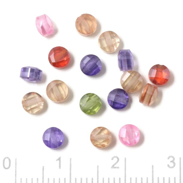 Zirkonia, CZ, flade rund perle, facetteret, mix pink, grn mfl. nuancer, 4x2,5 mm, 10 stk.
