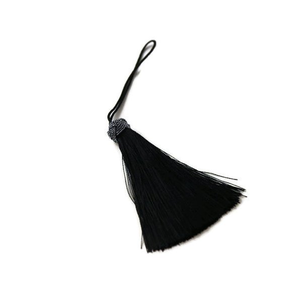 Tassel, black with black glittering head, 11 cm, 1 pc.