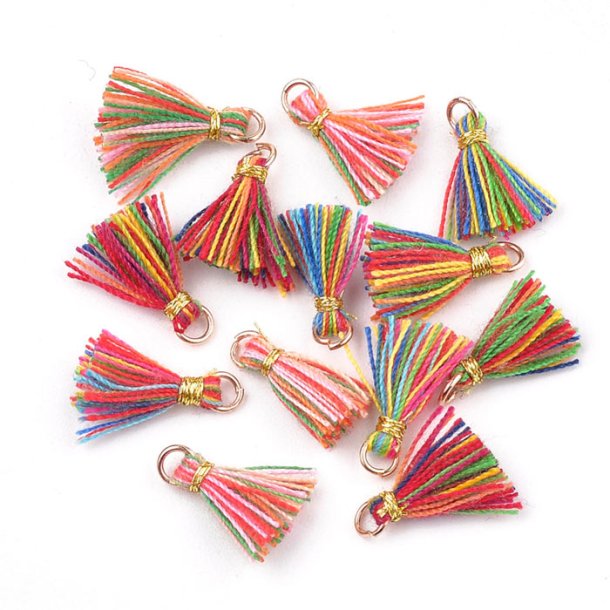 Tassel, small, multi-coloured, with golden jumpring, length 12mm, 6pc.
