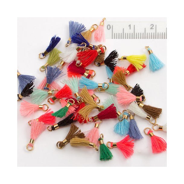 Tassel with gilded jumpring, X-small, mixed colours, length 12mm, 10pcs