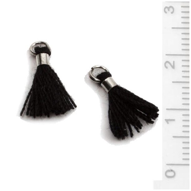 Tassel with silver plated jumpring, X- small, black, 12mm, 6pcs