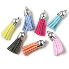 Schmuckquaste mit silberne Spitze, gemischte Farben, 35x10 mm, 6 Stück