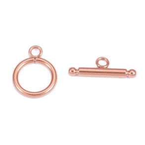Toggle clasp for jewelry, rose plated steel, diameter 14mm, 2 sets.