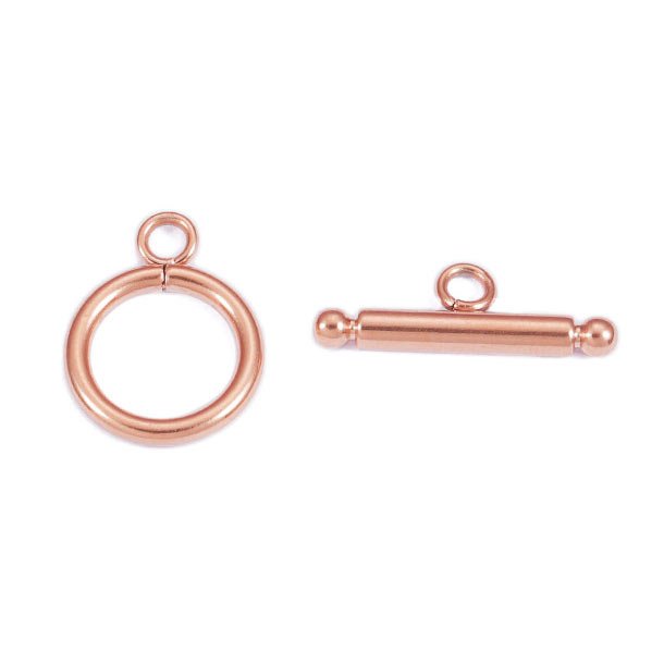 Toggle clasp for jewelry, rose plated steel, diameter 14mm, 2 sets.
