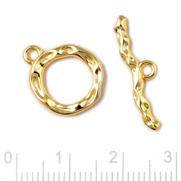 Toggle clasp, uneven, bar length 23 mm, eyelet 14 mm, gold-plated silver, 1 set