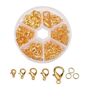 Karabinerverschluss, 5 Größen in Schachtel, vergoldetes Messing, Länge 10 bis 21 mm, 70 Stk