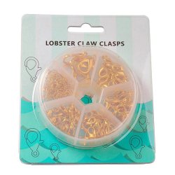 Karabinerverschluss, 5 Gr&ouml;&szlig;en in Schachtel, vergoldetes Messing, L&auml;nge 10 bis 21 mm, 70 Stk