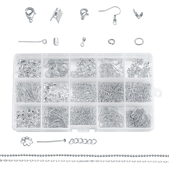 Große Materialmischung in Box, Headpins, Ohrhaken, Perlenschalen, Ösen, versilbertes Messing, 1 Stk
