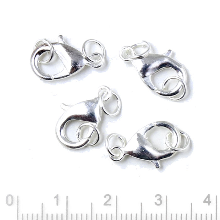 Karabinerverschlüsse, Achtung - ohne Ösen, versilbertes Messing, 15x8 mm, 4 Stk.