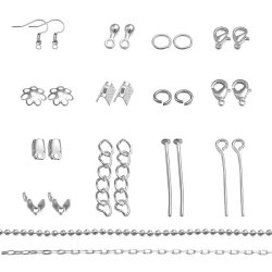 Groe Materialmischung in Box, Headpins, Ohrhaken, Perlenschalen, sen, versilbertes Messing, 1 Stk