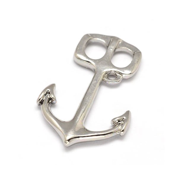 Anchor-shaped T-clasp or pendant, silver plated brass, 37x23mm, 2pcs