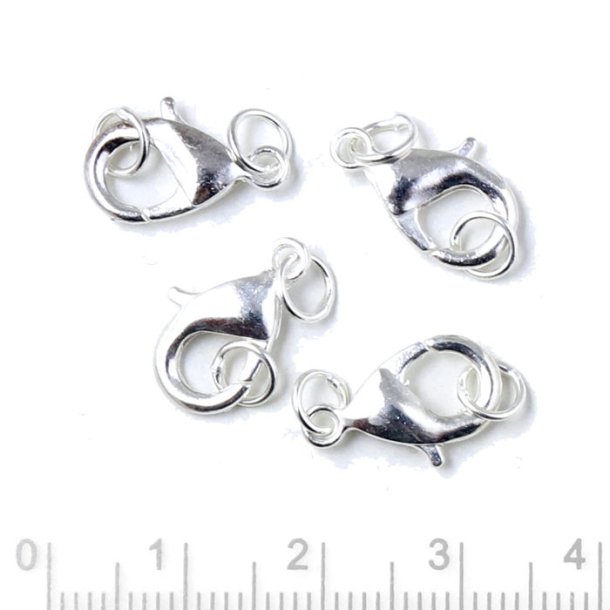 Lobster claw clasps, note! without jumprings, silver-plated brass, 15x8mm, 4pcs.