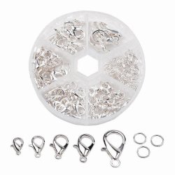 Karabinerverschluss mix, 5 Gr&ouml;&szlig;en in Schachtel, versilbertes Messing, L&auml;nge 10 bis 21 mm, 70 Stk