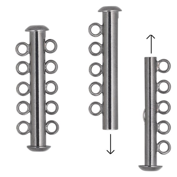 Slide lock, fastener for 5-strand necklace, black, gunmetal, 31x6mm 1pc