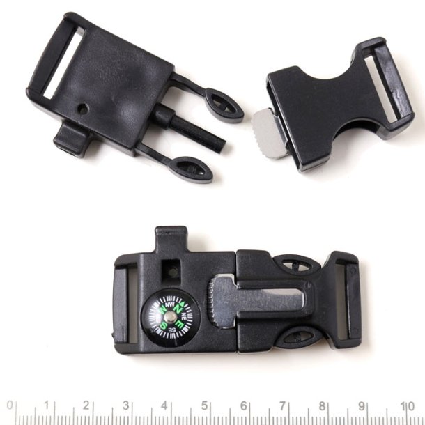 Buckle clasp with built-in fire-maker, compass and whistle, plastic, black, 63x26x11mm, 1pc