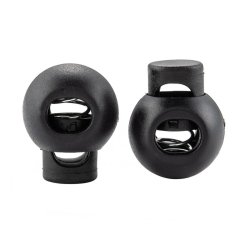 Schwarzer Kordelstopper aus Kunststoff mit Feder, 18x22x14 mm, Loch: 7,5x6 mm, 4 Stck