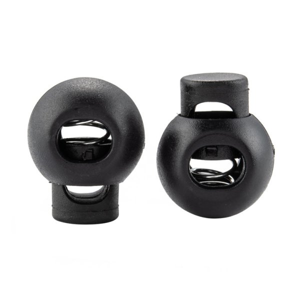 Black plastic cord stopper with spring, 18x22x14 mm, hole: 7.5x6 mm, 4 pcs.