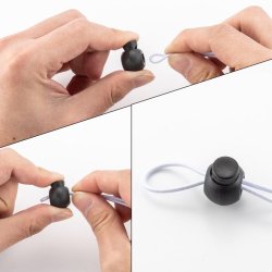 Schwarzer Kordelstopper aus Kunststoff mit Feder, 18x22x14 mm, Loch: 7,5x6 mm, 4 Stck