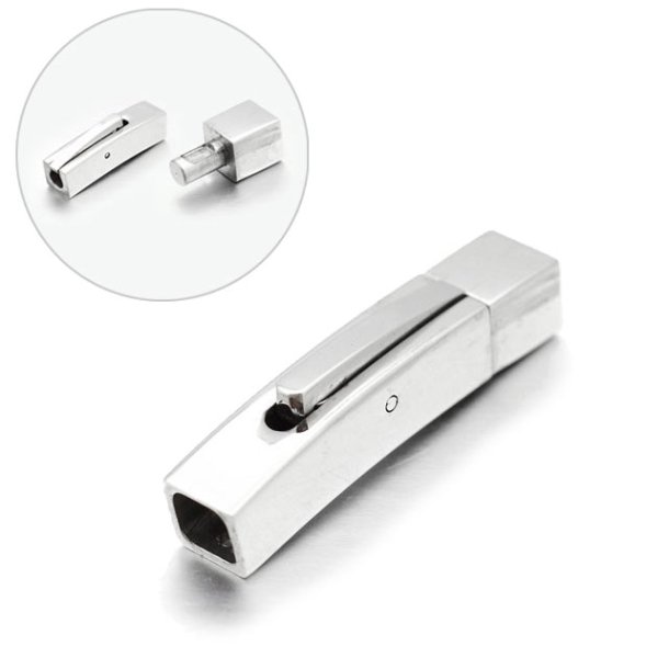 Bayonet clasp, square shape, shiny steel, length 28,5mm, hole size 4x4mm, 1pc