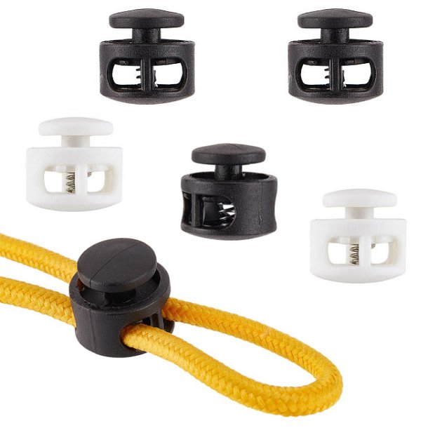 Black and white plastic cord stoppers, 16,5x17 mm, hole: 5 mm, 8 pcs