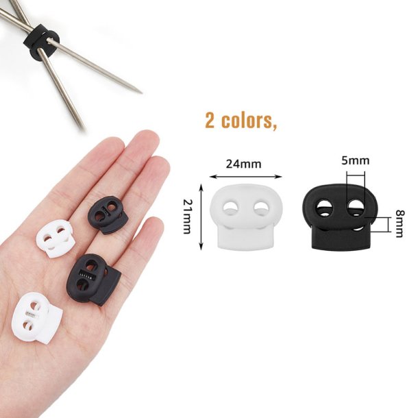 Black and white plastic cord stoppers, 24x8 mm, hole: 5 mm, 8 pcs