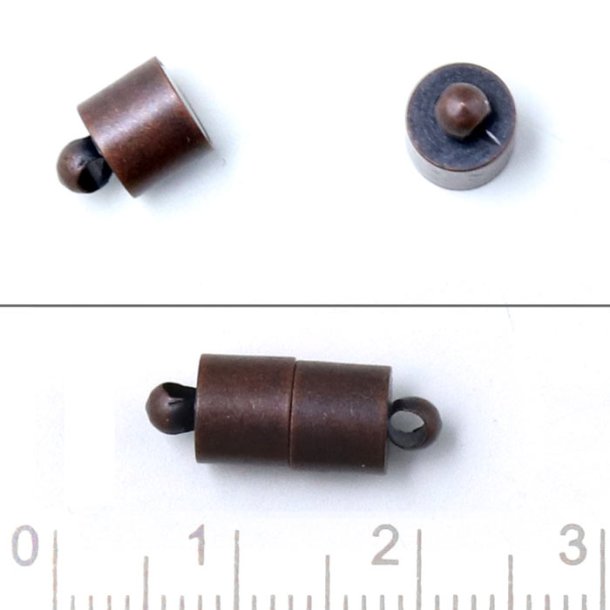 Magnetic jewelry clasp, antique copper, cylinder with jumprings, 16x6mm, 1pc.