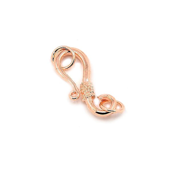 Hook clasp, copper, with ornamentation and 5 mm jumprings, 22x9 mm, 1 pc
