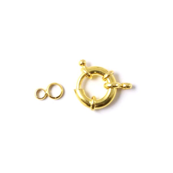 Gold coloured Springring clasp with loose jumprings,  diameter 15mm, 1pc.