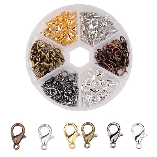 Lobster claw clasp, round box with six mixed colors, brass, 12mm., 120pcs