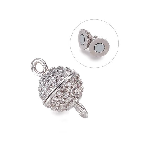 Magnetic clasp for jewelry, small, round, silver plated with zirconia,  13x8mm, 1pc