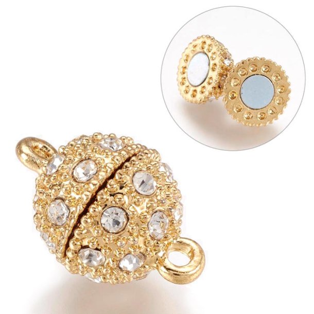 Magnetic jewelry clasp, round, gold-plated alloy with glass-crystals, 19.5x12mm, 1pc.