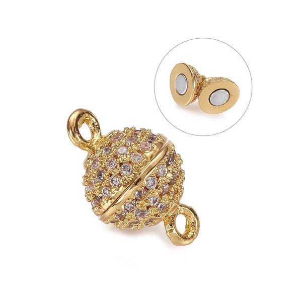 Magnetic clasp for jewelry, small, round, gold plated with zirconia, 13x8mm, 1pc