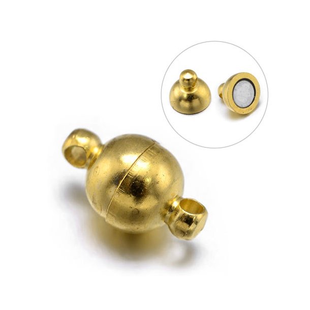 Magnetic jewelry clasp, round, gilded brass, length 11mm, diameter 6mm, 1pc