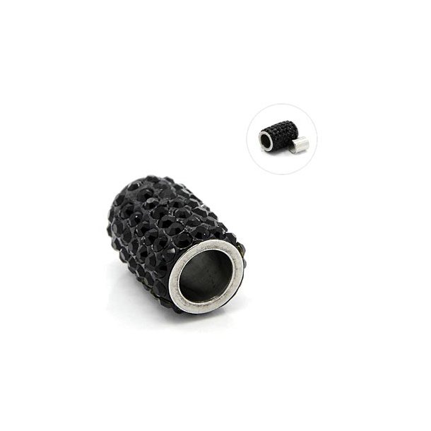 Magnetic jewelry clasp, Cylinder with crystals, black/steel, 6mm, 1pc.