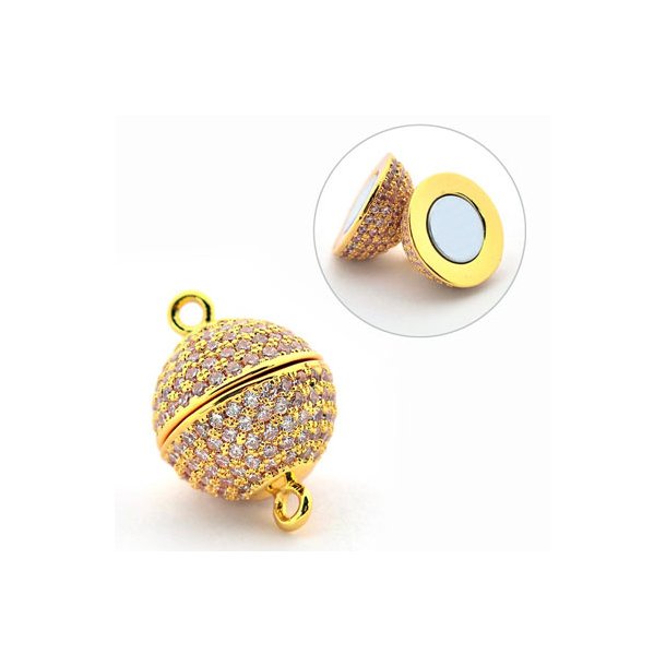 Magnetic jewelry clasp, round, gilded with zirconia, 14x10mm, 1pc.