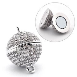 Magnetverschluss, Kugel, versilbertet mit Zirkonia, 14x10 mm, 1 Stk.