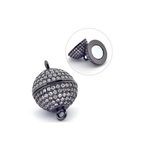 Magnetic jewelry clasp, round, black with zirconia, 18x12mm, 1pc.