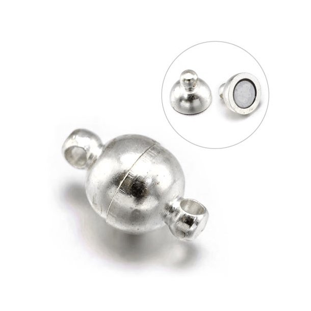 Magnetic jewelry clasp, round, silver plated brass, length 11mm, diameter 6mm, 1pc
