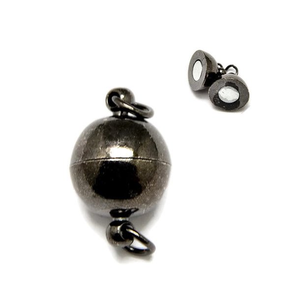 Magnetic clasp for jewelry, gun metal, round with jumprings, 14x8mm, 1 pc