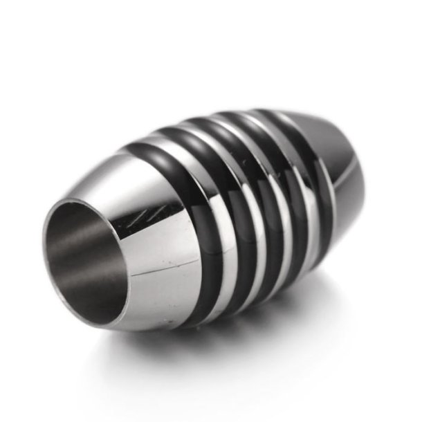 Magnetic clasp, stainless steel, cylinder with black stripes, 18x11,5mm