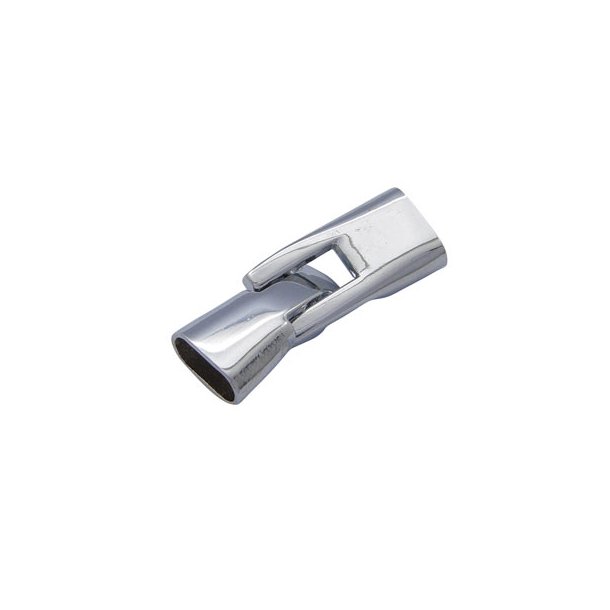 Clasp, hook-style, slightly funnel-shaped, shiny platinum coloured, hole size 10x5, 1pc.