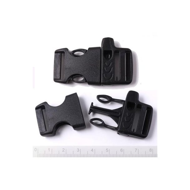 Buckle clasp in thick plastic with built-in whistle, wide, black, 55x27mm., 1pc.