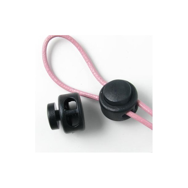 Double stopper clasp in thick plastic, black, 16x16mm. two 4mm holes, 2pcs.