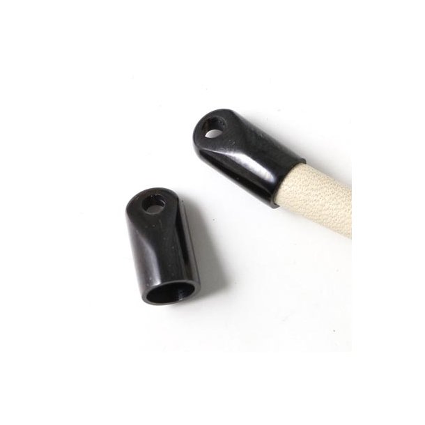 Cord end, with integrated eye, black steel, hole size 8mm, 2pcs