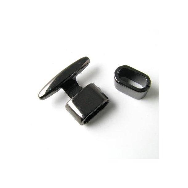 T-lås m. båndring, nikkel og blyfri metal, sort stålfarvet, m. 11x5 mm muffer, 1 sæt