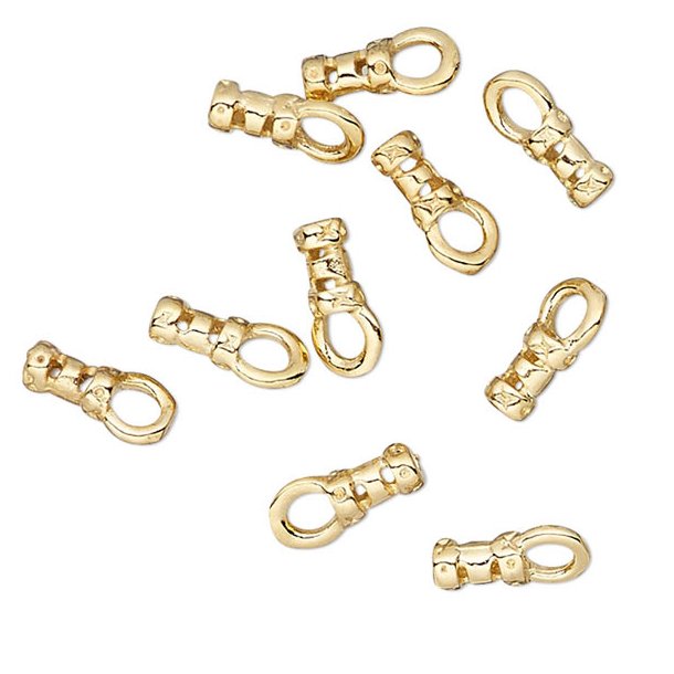 Crimp cord end with loop, gilded brass, 6.5x2mm, hole size 1mm, 6pcs.