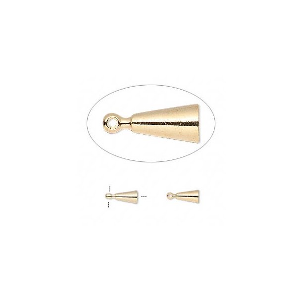 Cord ends with eye, cone, for gluing, gold-plated brass, 9.5x4mm. 6pcs.